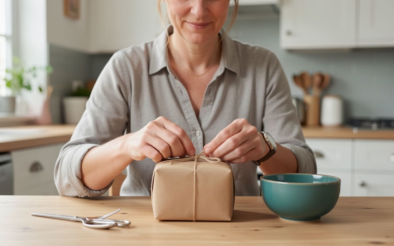 The same parent smiling at a small parcel ready to ship, sitting at the family kitchen table