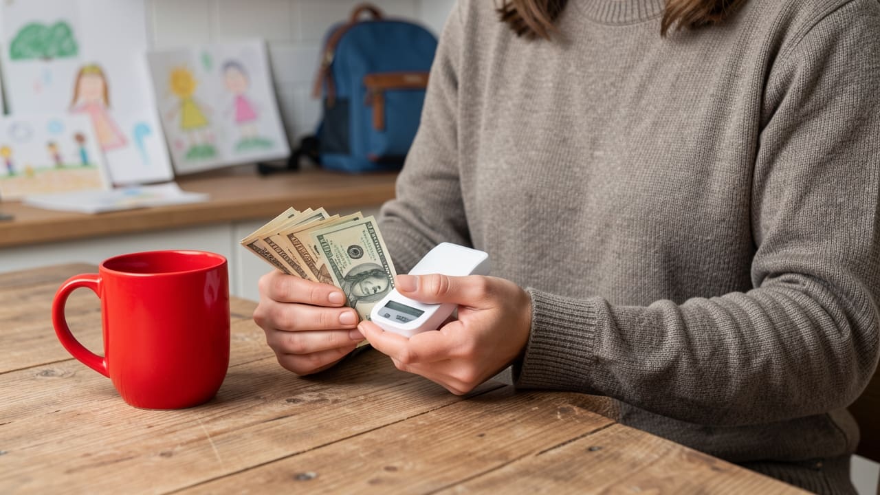 A parent at a kitchen table with a card reader and a fan of cash, family clutter softly visible behind