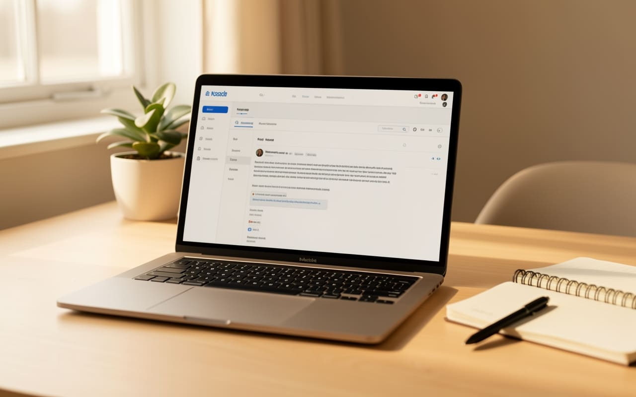 Laptop displaying an email marketing dashboard on a clean wooden desk with warm natural side lighting and a blurred plant in the background